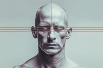 A bald man with a serious expression is shown from the shoulders up. Red horizontal and vertical guide lines cross over his face, suggesting analysis of facial symmetry or proportions. The background is plain light gray.