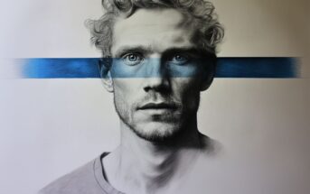 A grayscale portrait of a man with curly hair and a serious expression, overlaid by a horizontal blue stripe that runs across his eyes, blending into the background.