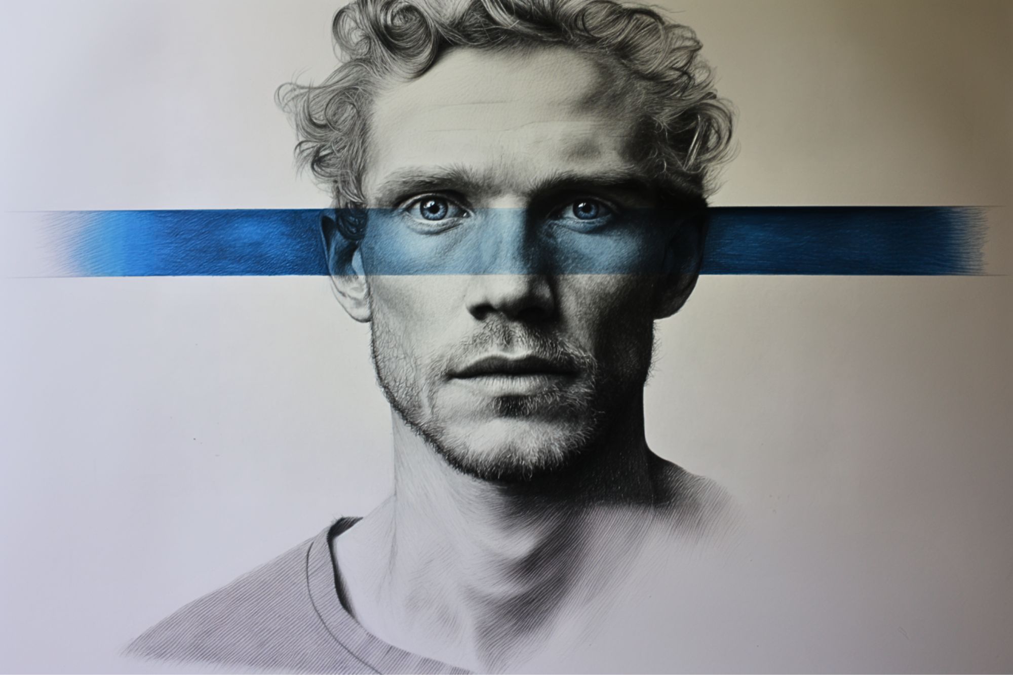 A grayscale portrait of a man with curly hair and a serious expression, overlaid by a horizontal blue stripe that runs across his eyes, blending into the background.