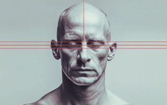 A bald man with a serious expression is shown from the shoulders up. Red horizontal and vertical guide lines cross over his face, suggesting analysis of facial symmetry or proportions. The background is plain light gray.