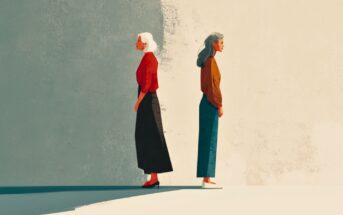 Two women stand back-to-back on a divided background, one side gray and the other beige. Both have gray hair, wear long-sleeved tops and skirts or pants, and appear thoughtful or distant.