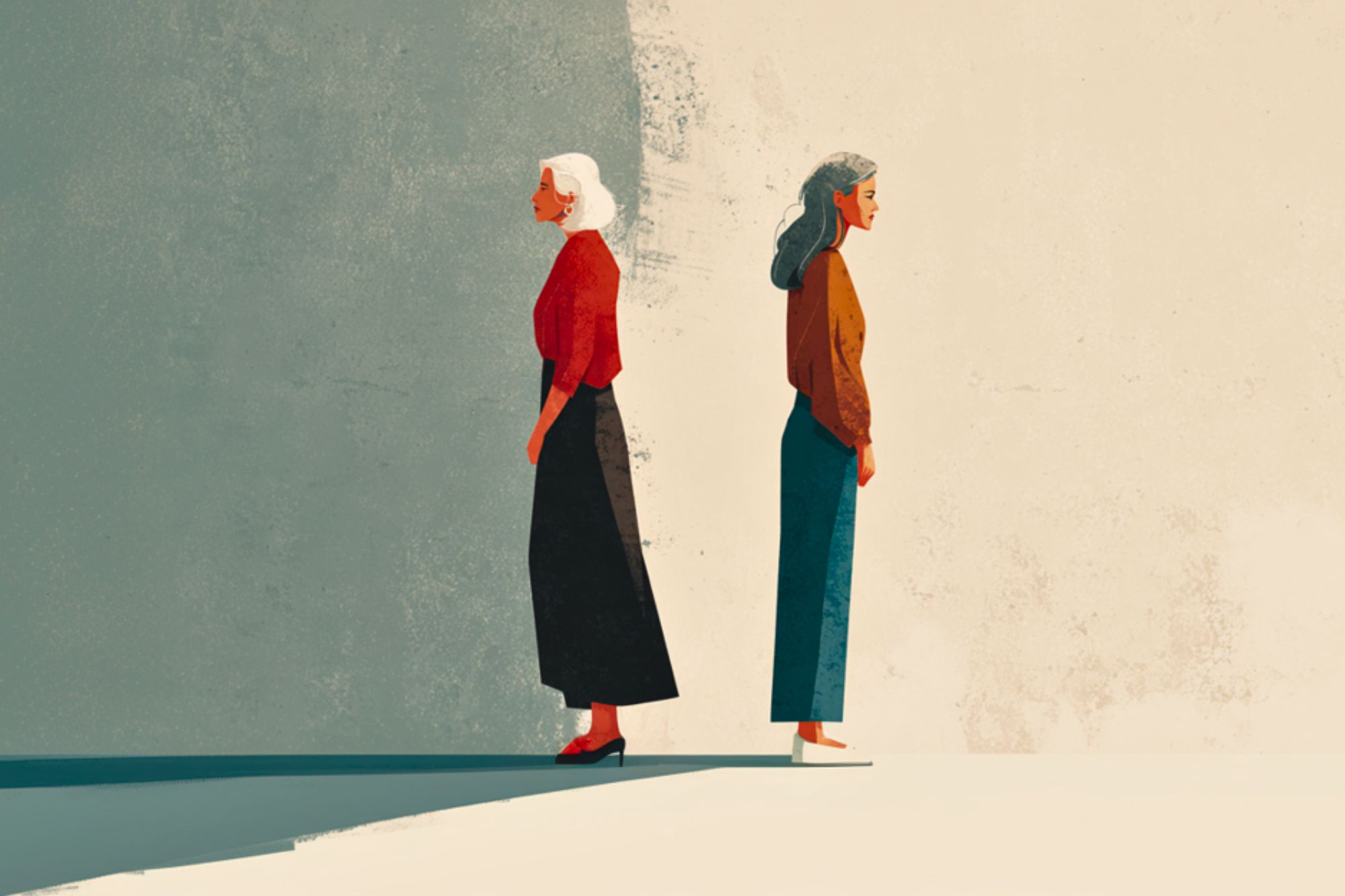 Two women stand back-to-back on a divided background, one side gray and the other beige. Both have gray hair, wear long-sleeved tops and skirts or pants, and appear thoughtful or distant.