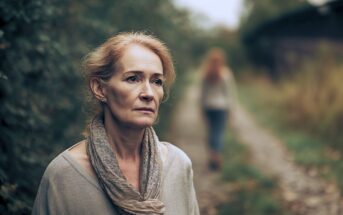 A middle-aged woman with light hair stands outdoors looking thoughtful, with a scarf around her neck. In the background, a person walks away along a path lined with greenery.