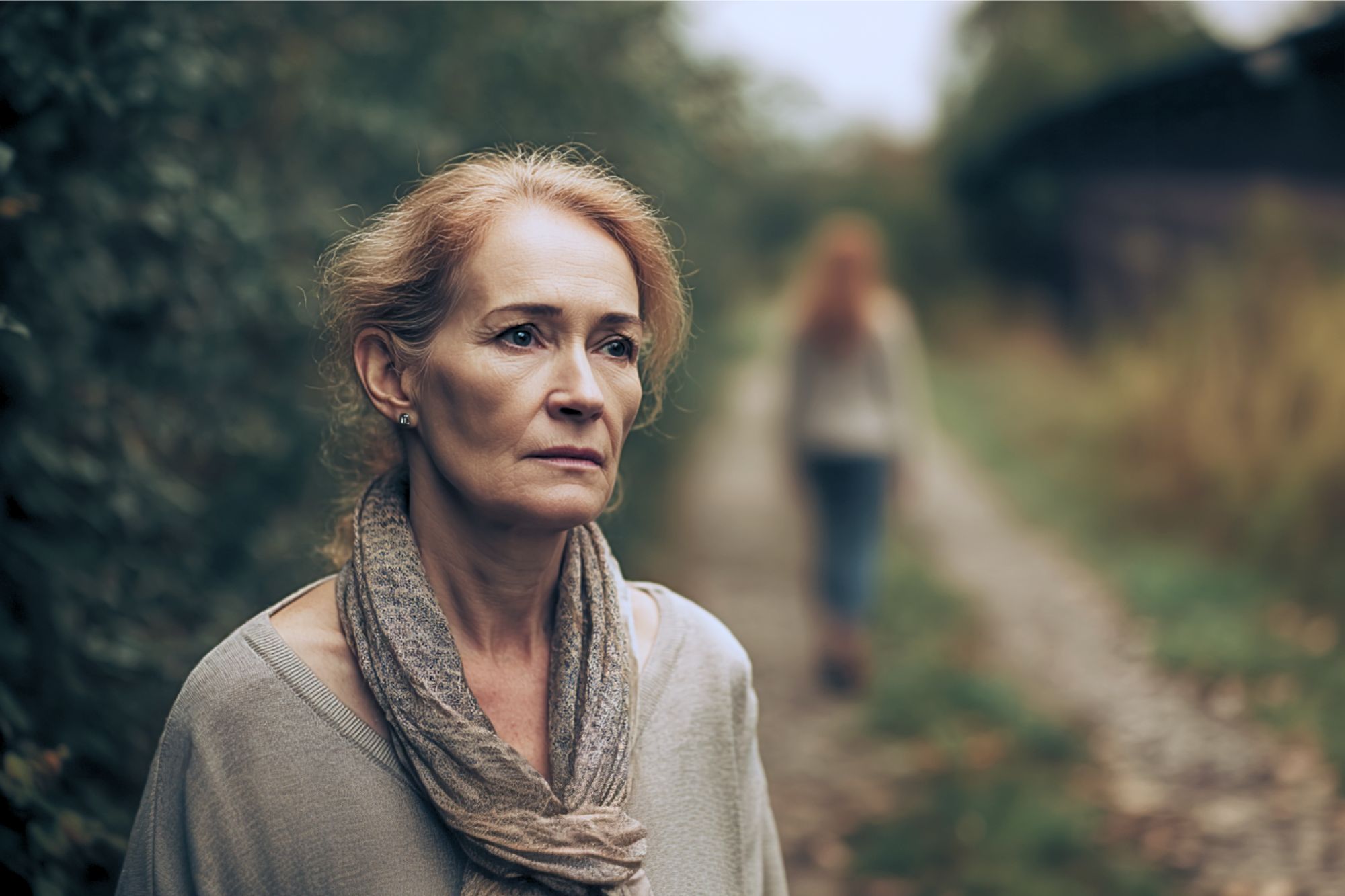 A middle-aged woman with light hair stands outdoors looking thoughtful, with a scarf around her neck. In the background, a person walks away along a path lined with greenery.