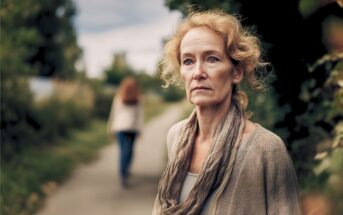 A woman with curly blonde hair and a scarf stands on a path, looking thoughtful. In the background, another person walks away into the distance. Trees and greenery surround the scene under a cloudy sky.
