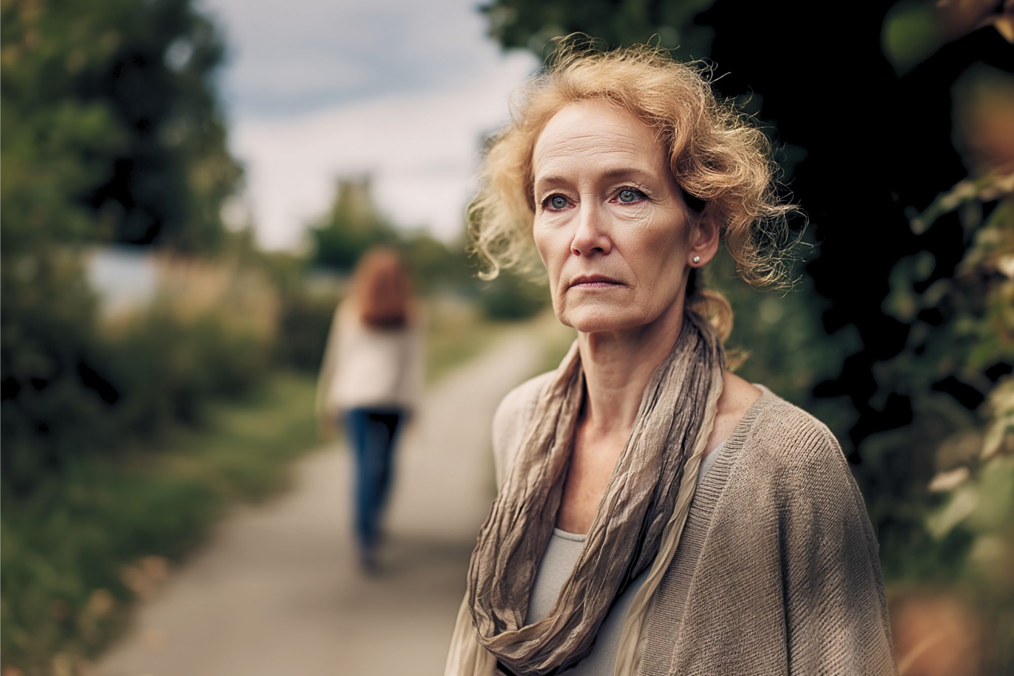 A woman with curly blonde hair and a scarf stands on a path, looking thoughtful. In the background, another person walks away into the distance. Trees and greenery surround the scene under a cloudy sky.