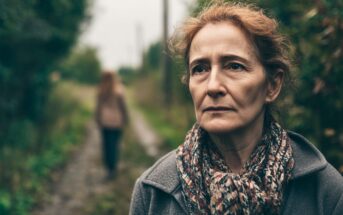A middle-aged woman with a serious expression stands outdoors in focus, wearing a scarf and coat. In the blurred background, a person walks away down a rural path lined with trees.