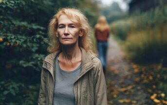 A woman stands in the foreground looking toward the camera, while another person walks away on a path behind her.
