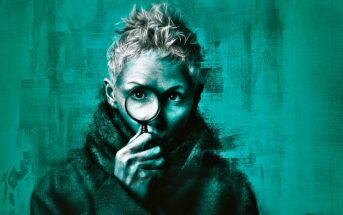 A person with short, spiky hair holds a magnifying glass in front of one eye, standing against a teal background with a textured, painted effect.