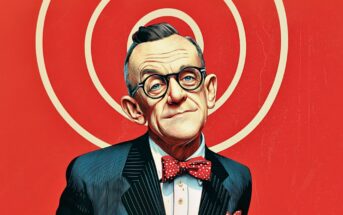 A man in a pinstripe suit and red polka dot bow tie stands in front of a bright red background with white concentric circles. He has round glasses, gray hair, and a slight smile, with a vintage, illustrated style.