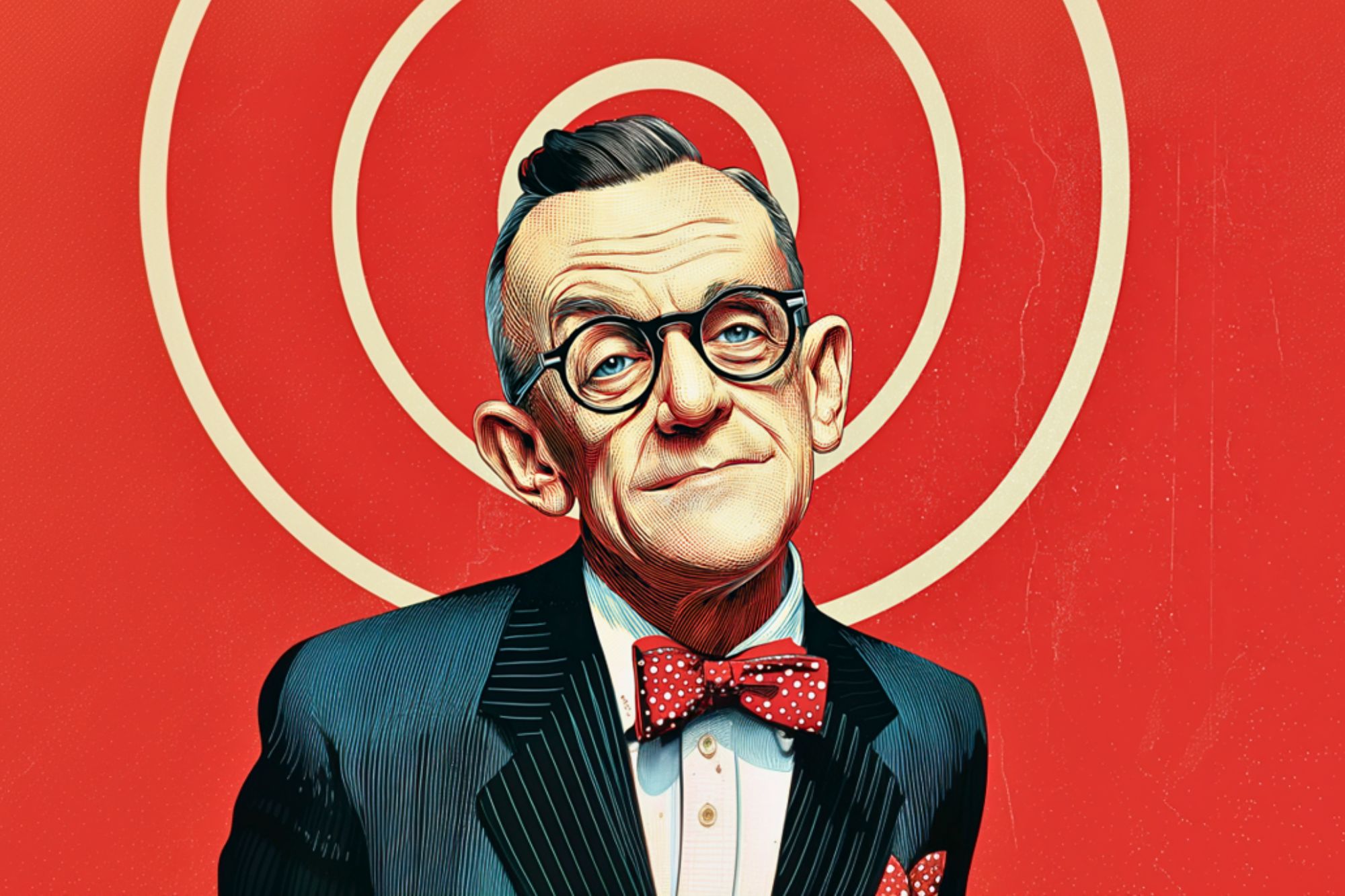 A man in a pinstripe suit and red polka dot bow tie stands in front of a bright red background with white concentric circles. He has round glasses, gray hair, and a slight smile, with a vintage, illustrated style.