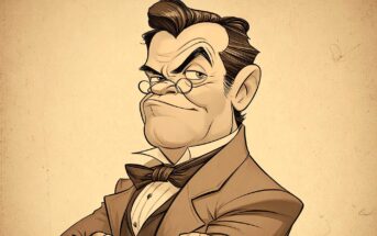 A cartoon drawing of a stern-looking man in vintage clothing, wearing round glasses, a bow tie, and a suit with crossed arms, set against a sepia-toned background.