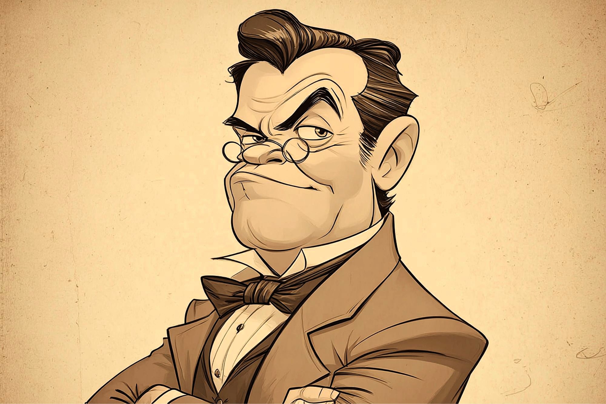 A cartoon drawing of a stern-looking man in vintage clothing, wearing round glasses, a bow tie, and a suit with crossed arms, set against a sepia-toned background.