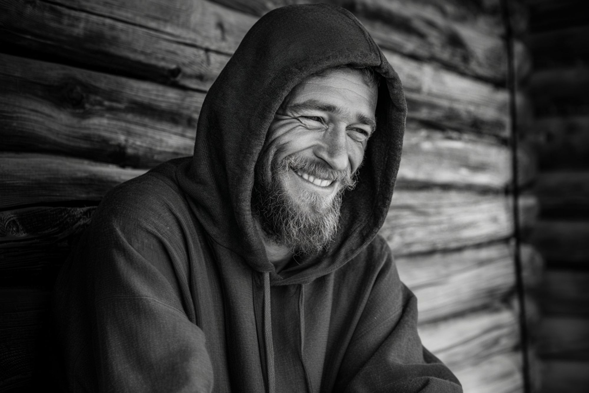 A bearded man in a hooded sweatshirt smiles warmly while leaning against a weathered wooden wall. The photo is in black and white, highlighting the texture of the wood and the man's joyful expression.