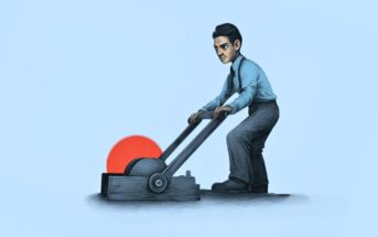 A man in formal attire pushes down a large lever connected to a red, circular button on a machine, set against a light blue background.