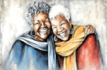 A colorful painting of two older women with gray hair smiling joyfully, embracing each other. One wears a blue outfit with a gray scarf, the other wears a red outfit with a yellow scarf. Both appear happy and close.