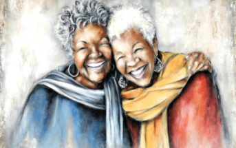 A colorful painting of two older women with gray hair smiling joyfully, embracing each other. One wears a blue outfit with a gray scarf, the other wears a red outfit with a yellow scarf. Both appear happy and close.