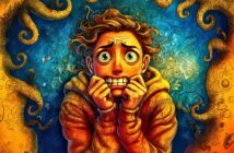 A nervous person with wide eyes and clenched fists bites their knuckles, surrounded by swirling, chaotic patterns and tentacles in vivid blue and orange tones, conveying a sense of anxiety or fear.