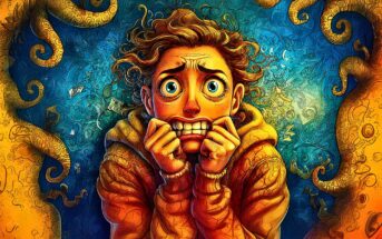 A nervous person with wide eyes and clenched fists bites their knuckles, surrounded by swirling, chaotic patterns and tentacles in vivid blue and orange tones, conveying a sense of anxiety or fear.