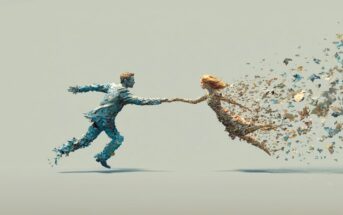 A man and a woman, both made of fragments, reach out to hold hands. The man is running forward, while the woman is dissolving into pieces that scatter behind her, suggesting movement and separation.