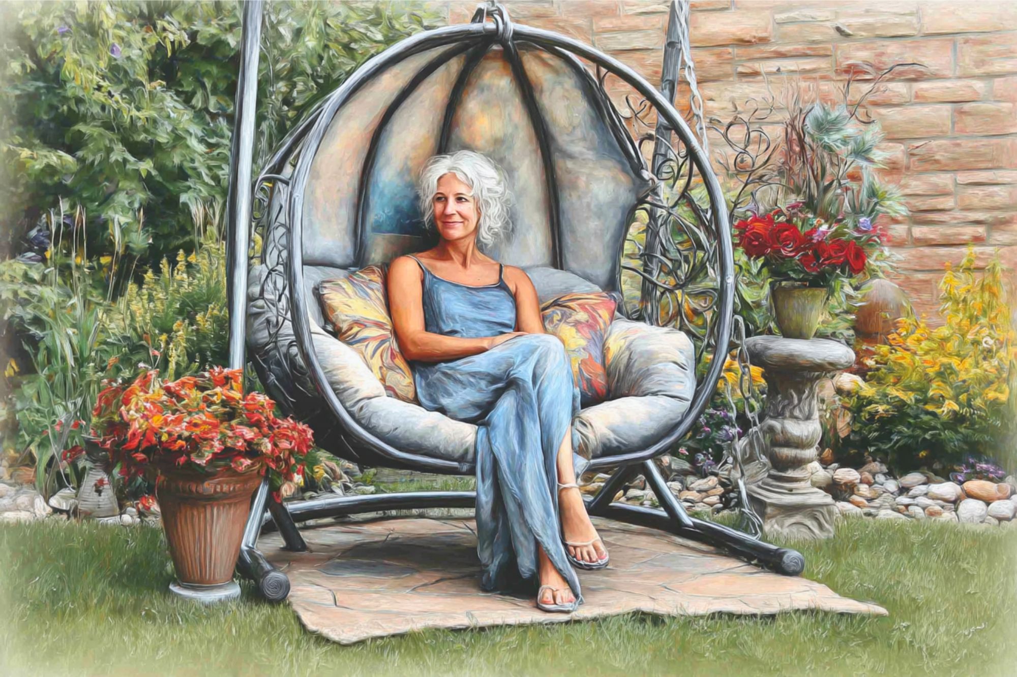 A woman with white hair in a blue dress sits relaxed on a cushioned hanging chair in a garden, surrounded by flowers, greenery, and a stone wall.