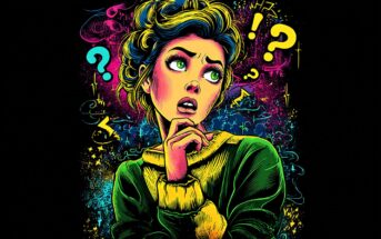 A colorful, neon-style illustration of a worried woman looking up, surrounded by large question marks, exclamation points, and abstract shapes, expressing confusion and anxiety against a dark background.