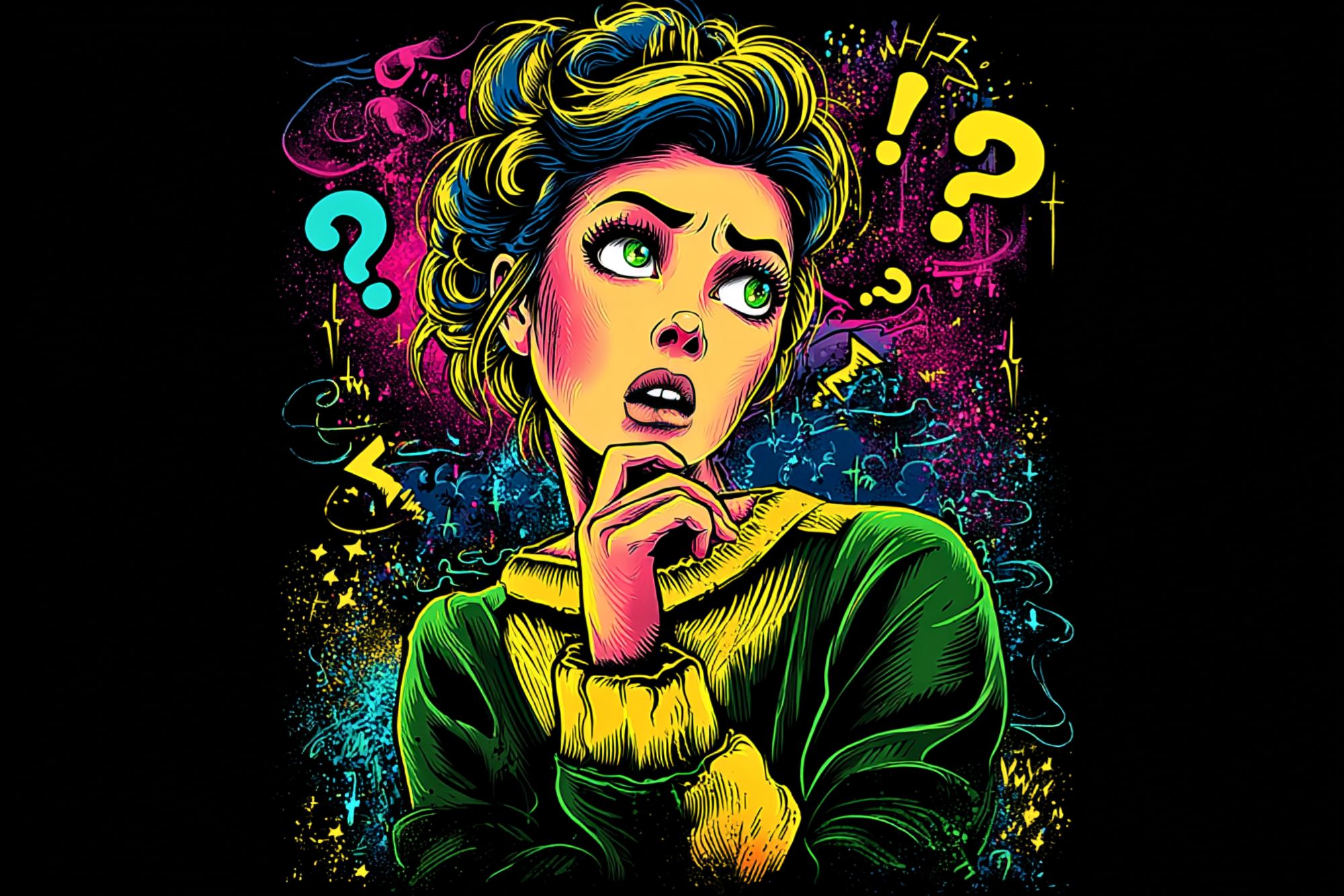A colorful, neon-style illustration of a worried woman looking up, surrounded by large question marks, exclamation points, and abstract shapes, expressing confusion and anxiety against a dark background.