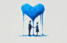 A man and woman stand facing each other, holding hands beneath a large, dripping blue heart painted above them on a light background. The artwork has a textured, painterly style.