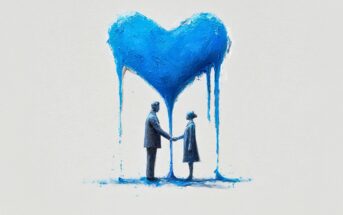 A man and woman stand facing each other, holding hands beneath a large, dripping blue heart painted above them on a light background. The artwork has a textured, painterly style.