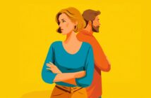 Illustration of a woman and a man standing back to back with arms crossed, both looking away from each other, against a bright yellow background.