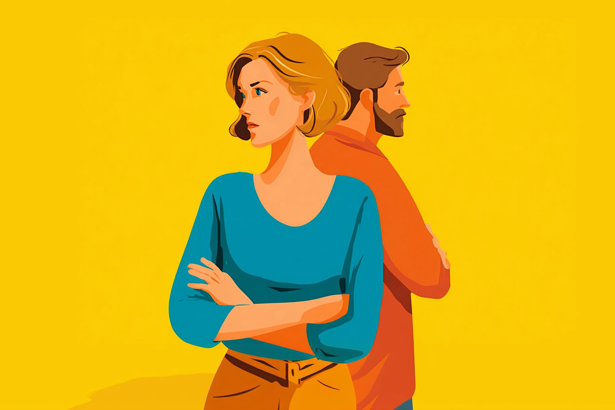 Illustration of a woman and a man standing back to back with arms crossed, both looking away from each other, against a bright yellow background.
