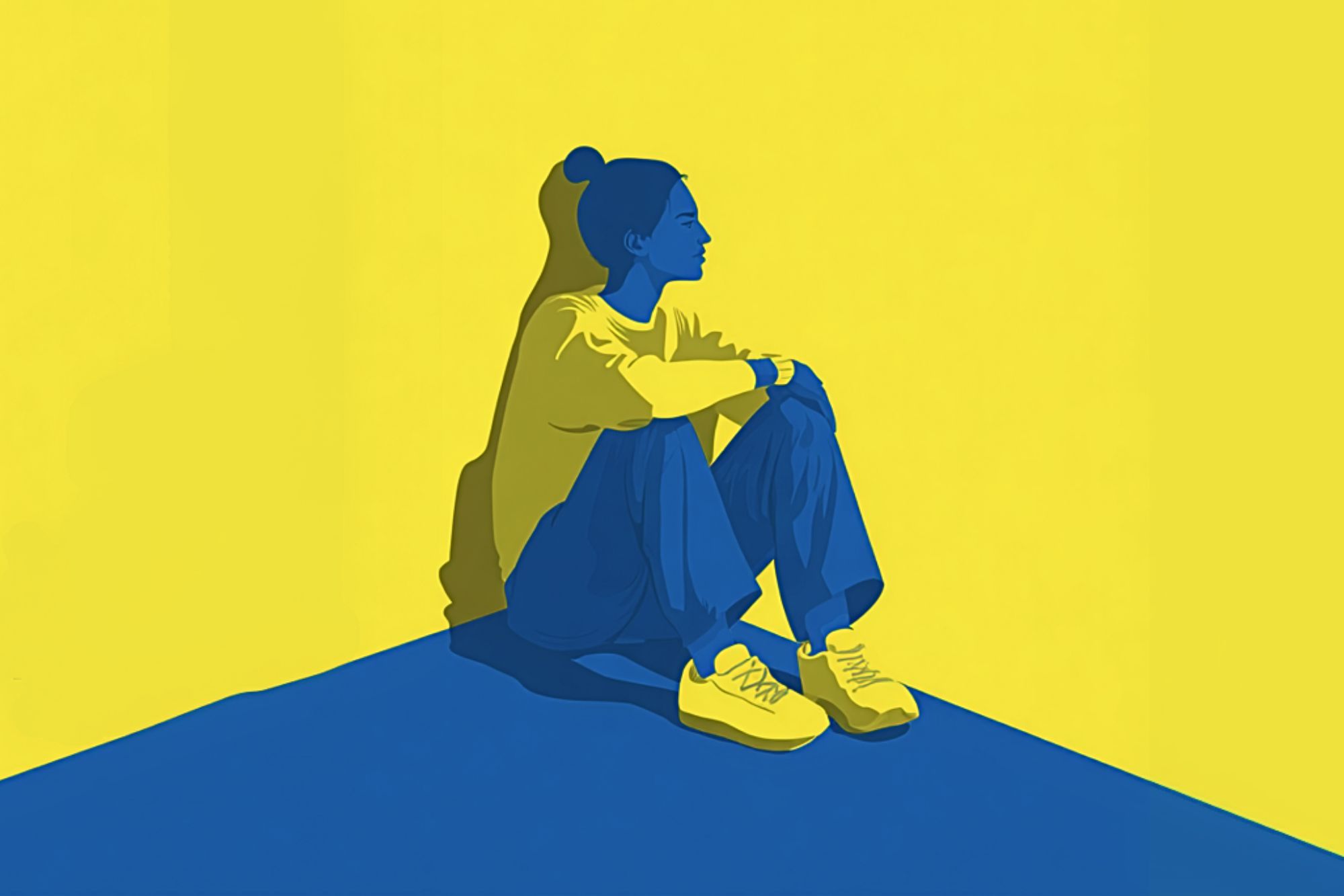 A woman sits on the floor with her knees drawn up, arms resting on them, in a corner with yellow and blue walls. She is wearing blue pants, a yellow top, and yellow shoes. The artwork has a minimalist, graphic style.