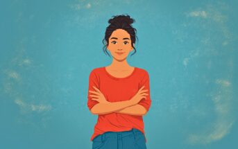 Illustration of a person with dark hair in a bun, wearing a red long-sleeve shirt and blue jeans, standing with arms crossed against a textured blue background.