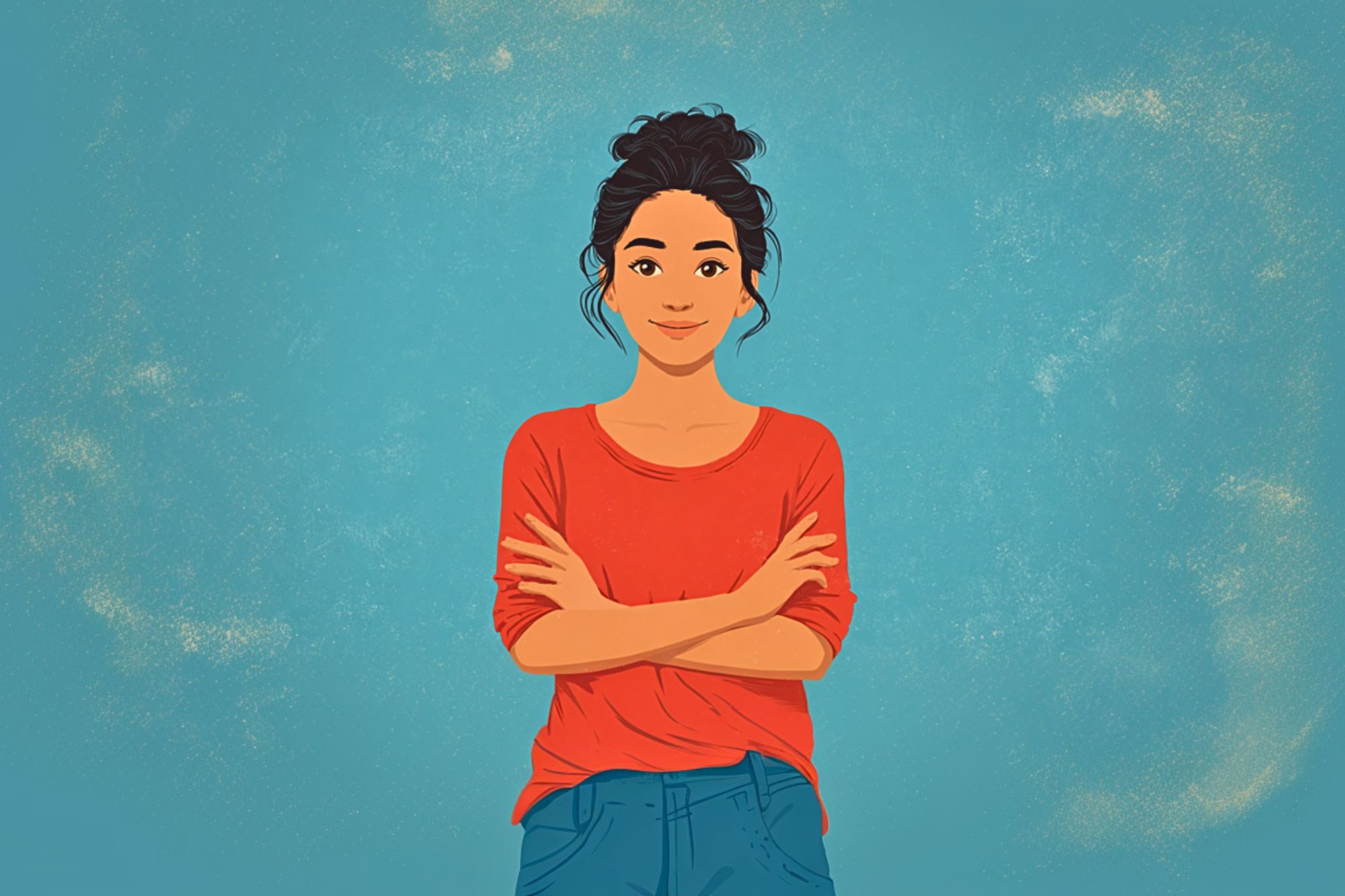 Illustration of a person with dark hair in a bun, wearing a red long-sleeve shirt and blue jeans, standing with arms crossed against a textured blue background.