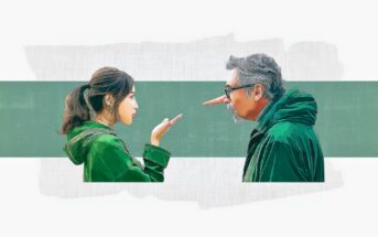 A young woman gestures with her hand toward an older man wearing glasses and a green jacket, who has a long Pinocchio-like nose. Both face each other against a green and white background.