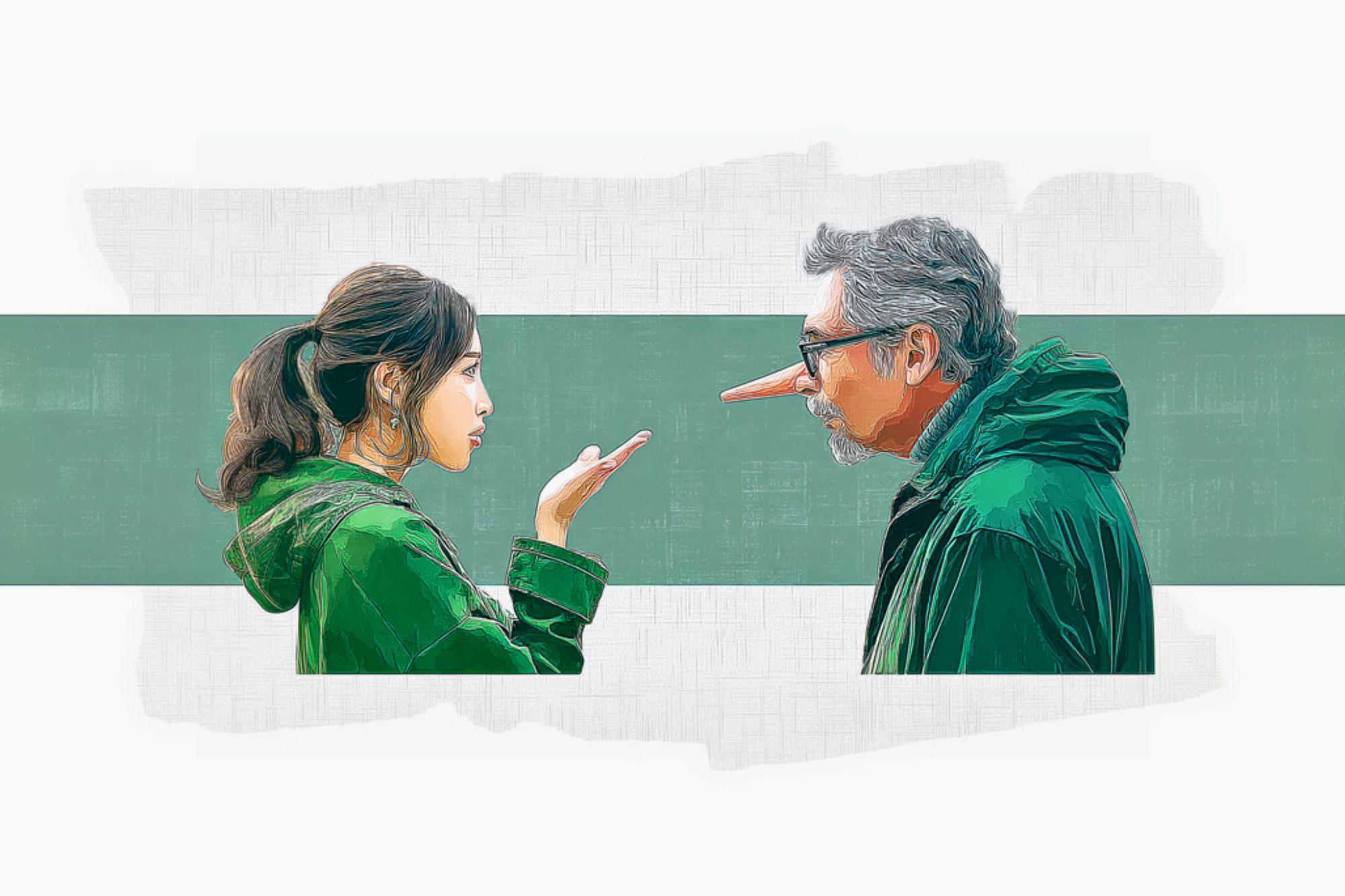 A young woman gestures with her hand toward an older man wearing glasses and a green jacket, who has a long Pinocchio-like nose. Both face each other against a green and white background.