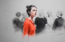 A woman in a bright orange shirt stands out in color against a background of sketched, monochrome figures, highlighting her in focus while others around her are less detailed and faded.