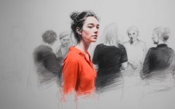 A woman in a bright orange shirt stands out in color against a background of sketched, monochrome figures, highlighting her in focus while others around her are less detailed and faded.