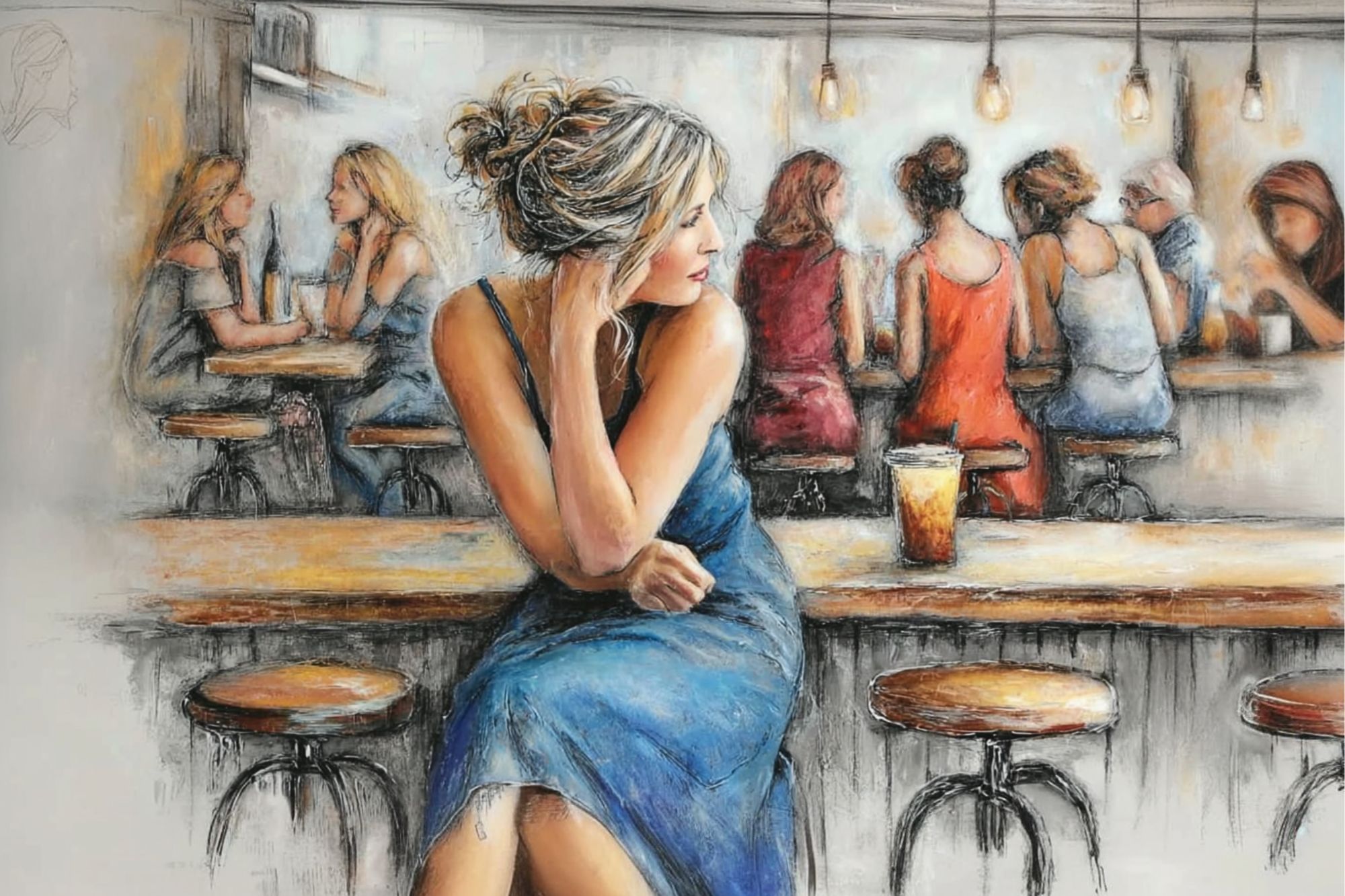 A woman in a blue dress sits alone at a counter with a drink, looking to her left. Behind her, several people sit together on stools, chatting in a warmly lit cafe or bar. The scene is rendered in a painterly, impressionistic style.
