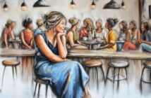 A painting of a woman in a blue dress sitting alone at a counter, looking thoughtful. In the background, groups of women are chatting around tables in a warmly lit café.