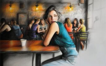 A woman in a teal sleeveless top sits alone at a café table, looking over her shoulder. Other people are gathered and talking in the background. The image has a sketch and soft, colorful style.