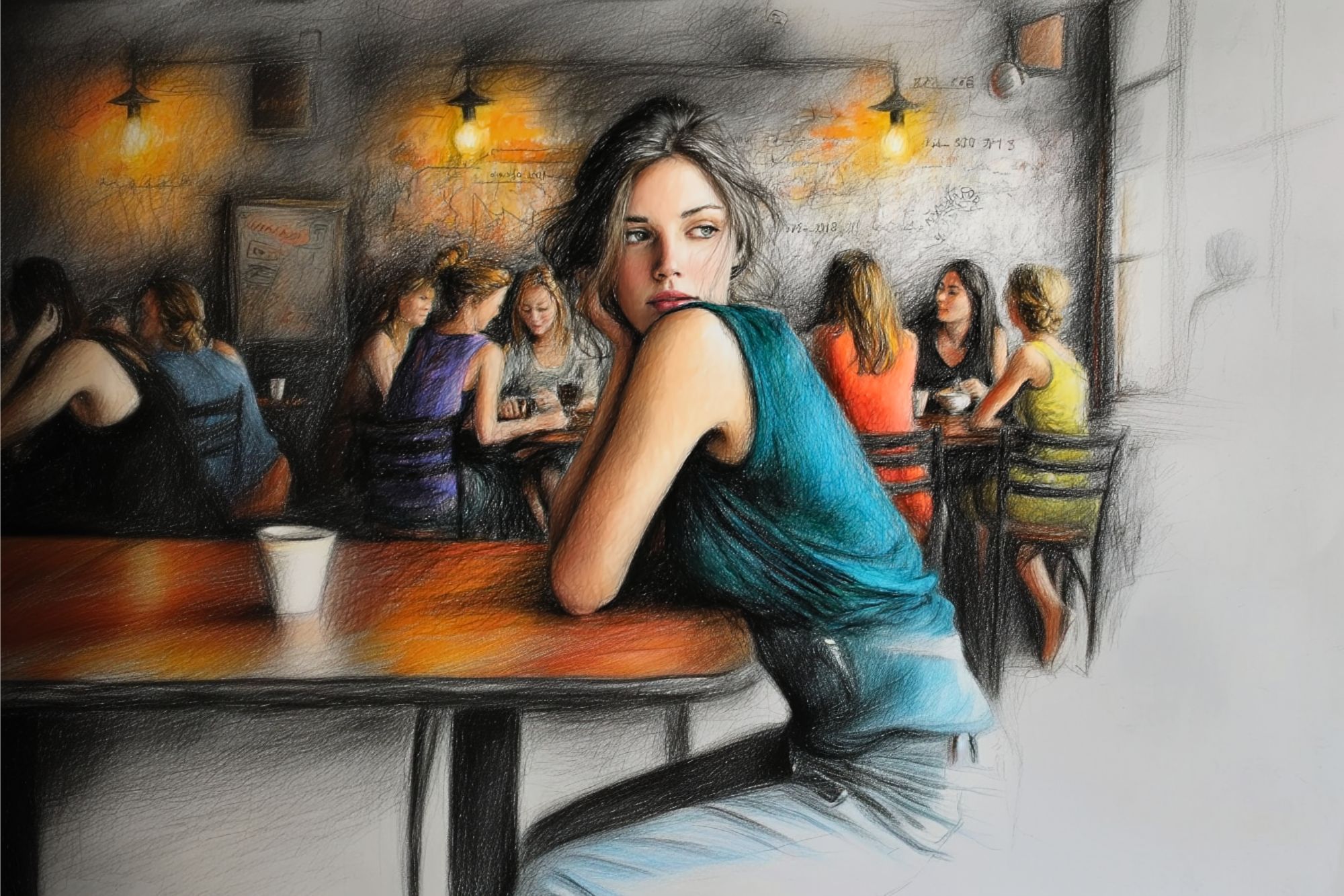 A woman in a teal sleeveless top sits alone at a café table, looking over her shoulder. Other people are gathered and talking in the background. The image has a sketch and soft, colorful style.