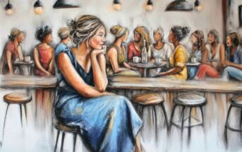 A painting of a woman in a blue dress sitting alone at a counter, looking thoughtful. In the background, groups of women are chatting around tables in a warmly lit café.