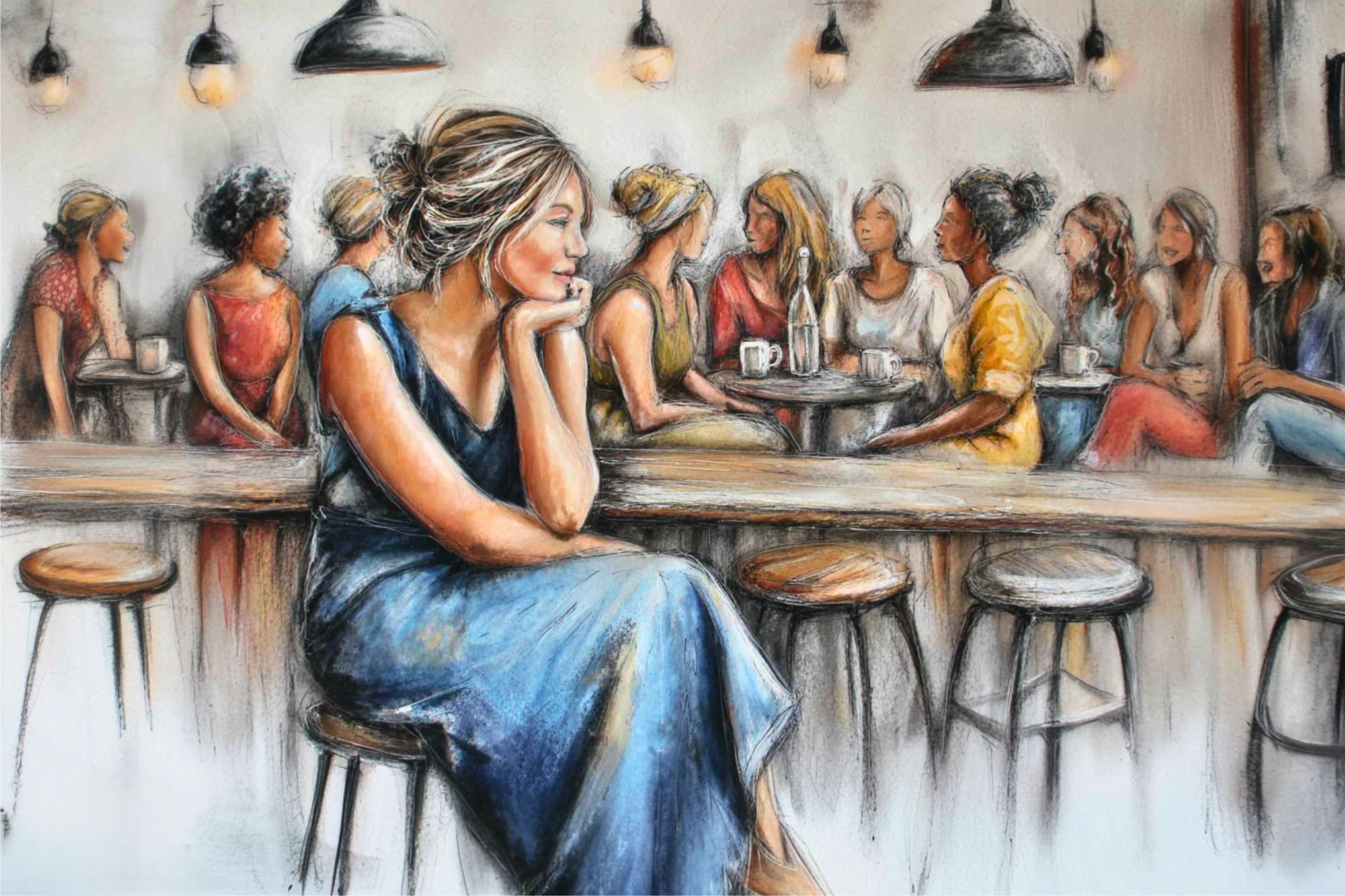 A painting of a woman in a blue dress sitting alone at a counter, looking thoughtful. In the background, groups of women are chatting around tables in a warmly lit café.