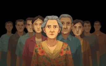 An elderly woman with gray hair and a floral dress stands in front of a group of serious-looking men and women of varying ages, all set against a dark background.