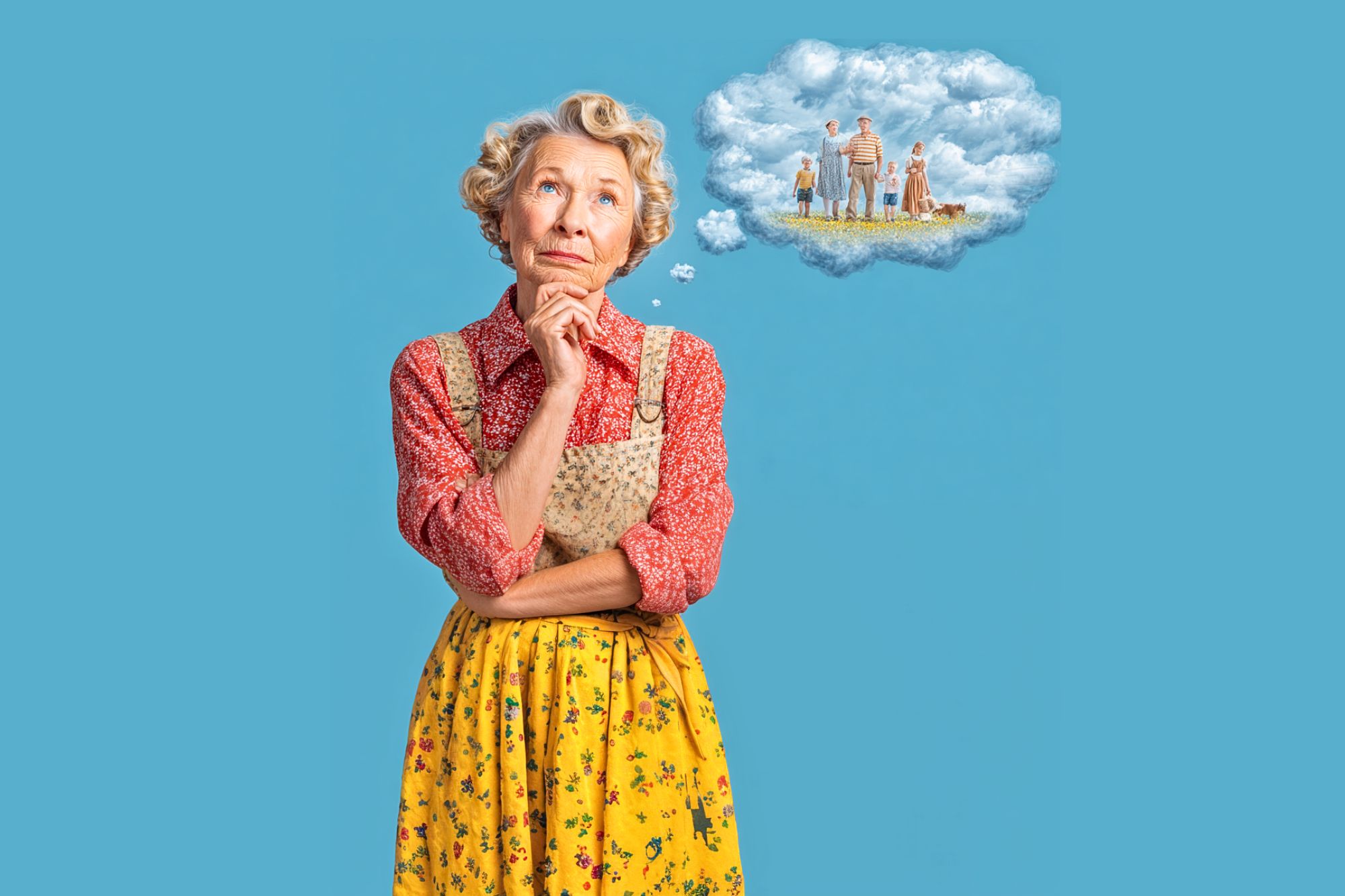 An older woman in a colorful apron and yellow floral skirt stands thoughtfully with her hand on her chin, while a cloud-shaped thought bubble above her shows a family standing together.