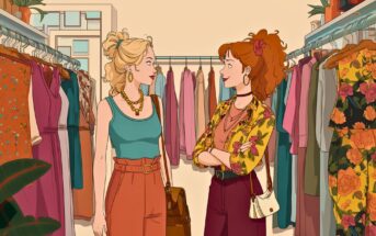 Two women stand in a clothing store, smiling and talking amid racks of colorful dresses and outfits. Both are stylishly dressed, one in a teal top and red pants, the other in a floral jacket and maroon pants.