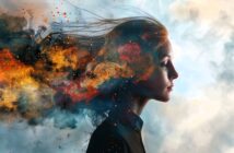 A woman in profile stands against a soft, cloudy background. Her hair blends into a vibrant explosion of colorful powder and smoke, creating an abstract and dynamic effect that merges seamlessly with the environment.