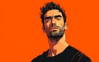 Illustrated portrait of a man with wavy hair and a beard, wearing a dark shirt, looking confidently upward against a bright orange background.