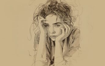 A sketch of a woman with tousled hair, resting her face in her hands and gazing forward with a thoughtful, pensive expression. The artwork is drawn in a loose, expressive style on a beige background.